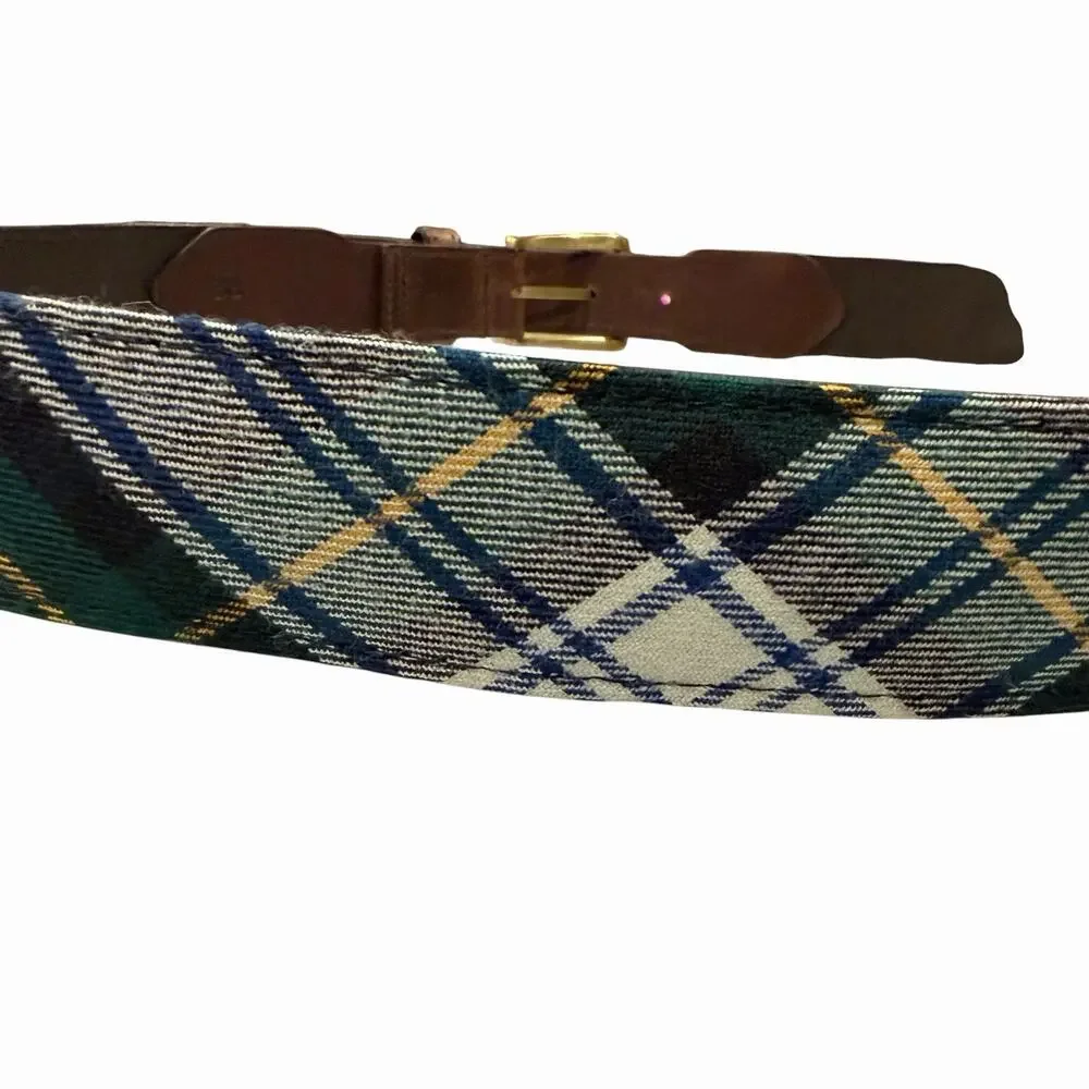 F.H. Wadsworth NYC Brown Leather Brass Belt Wool Tartan Plaid Green Yellow 38